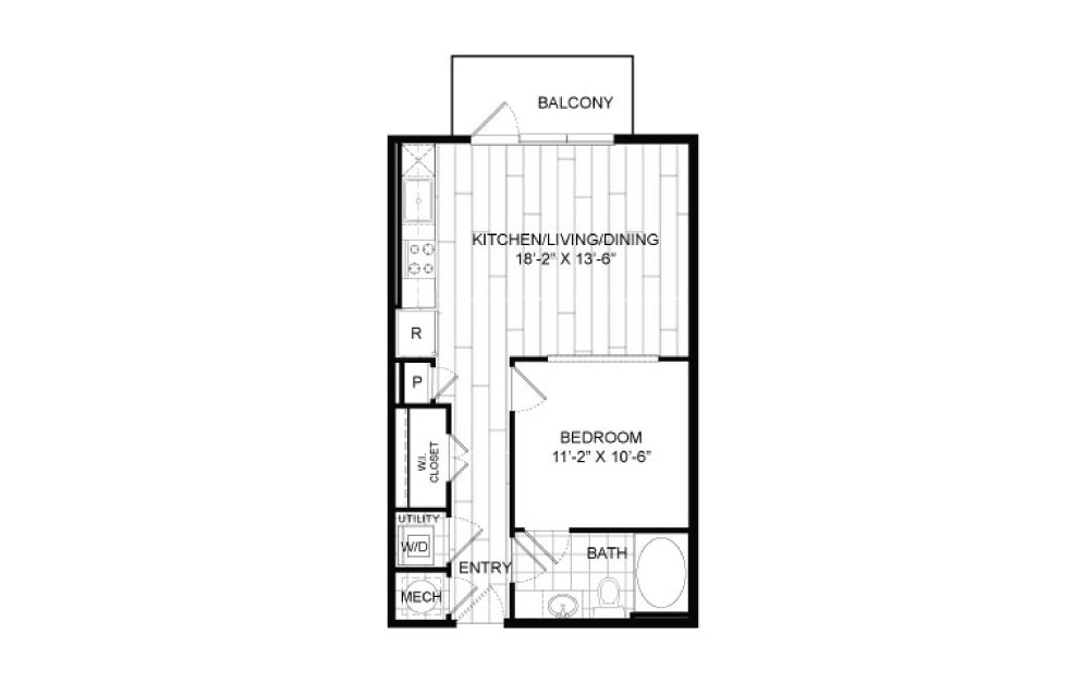 A1 - 1 bedroom floorplan layout with 1 bathroom and 604 - 607 square feet