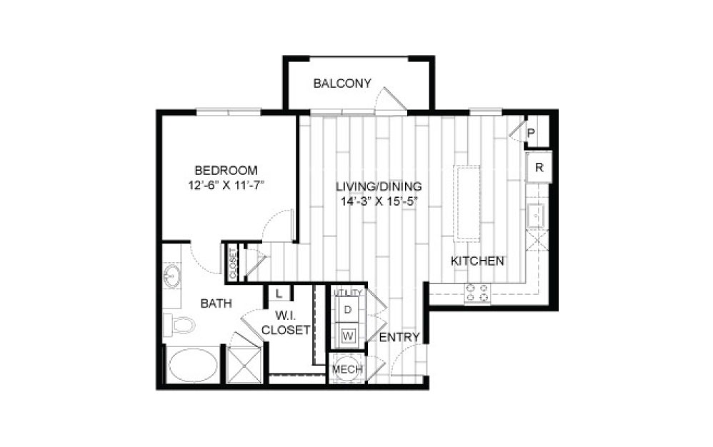 A11 - 1 bedroom floorplan layout with 1 bathroom and 877 square feet