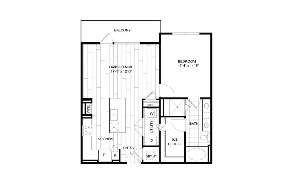 A12 - 1 bedroom floorplan layout with 1 bath and 848 square feet.