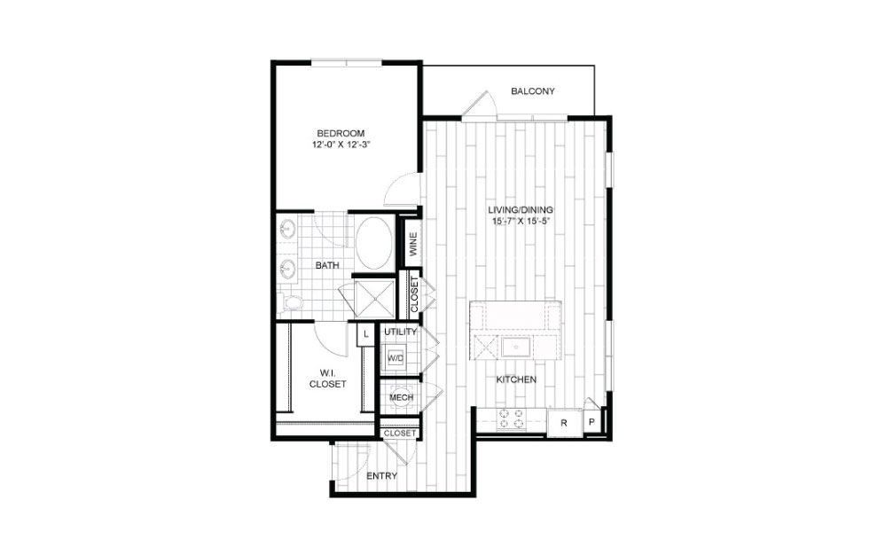 A13 - 1 bedroom floorplan layout with 1 bathroom and 923 square feet