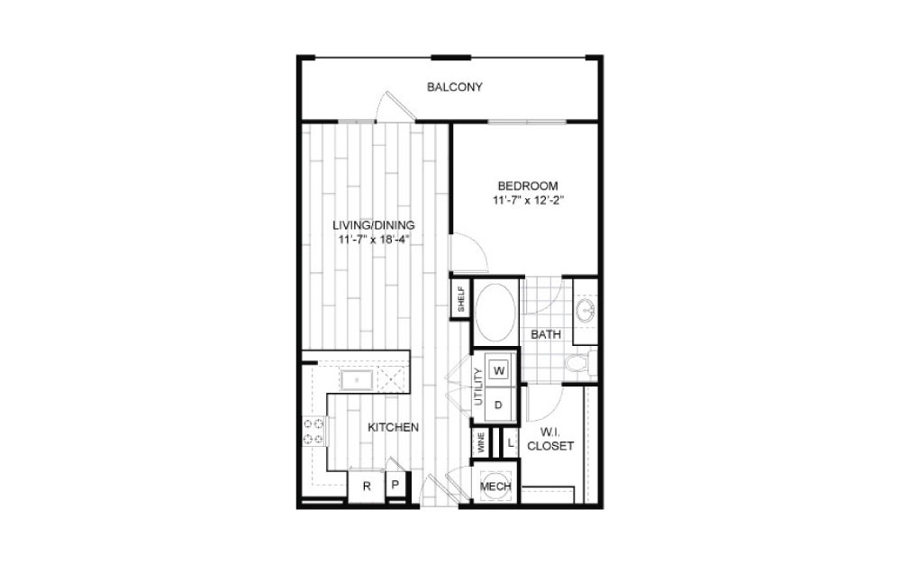 A4 - 1 bedroom floorplan layout with 1 bathroom and 729 square feet