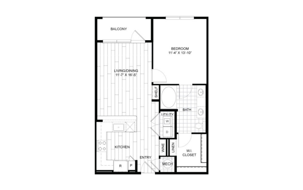 A8 - 1 bedroom floorplan layout with 1 bathroom and 744 square feet