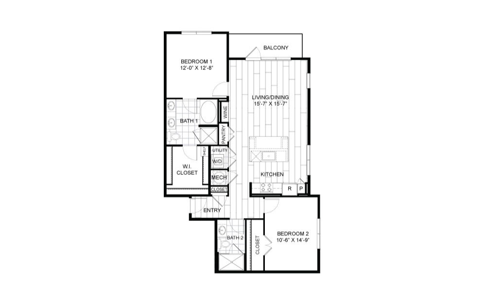 B2 - 2 bedroom floorplan layout with 2 bathrooms and 1210 square feet