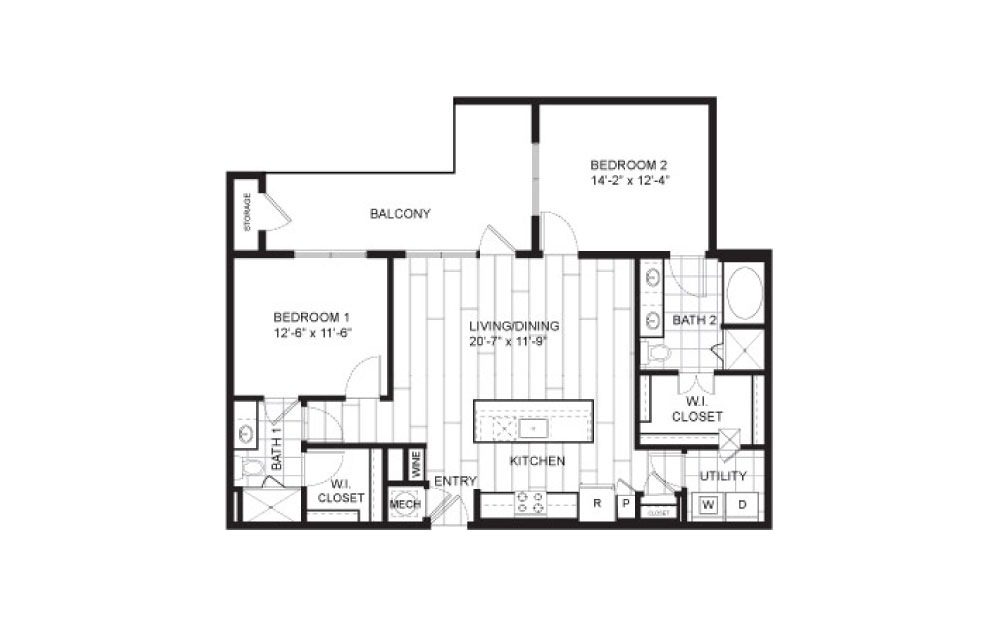 B3 - 2 bedroom floorplan layout with 2 baths and 1222 square feet.