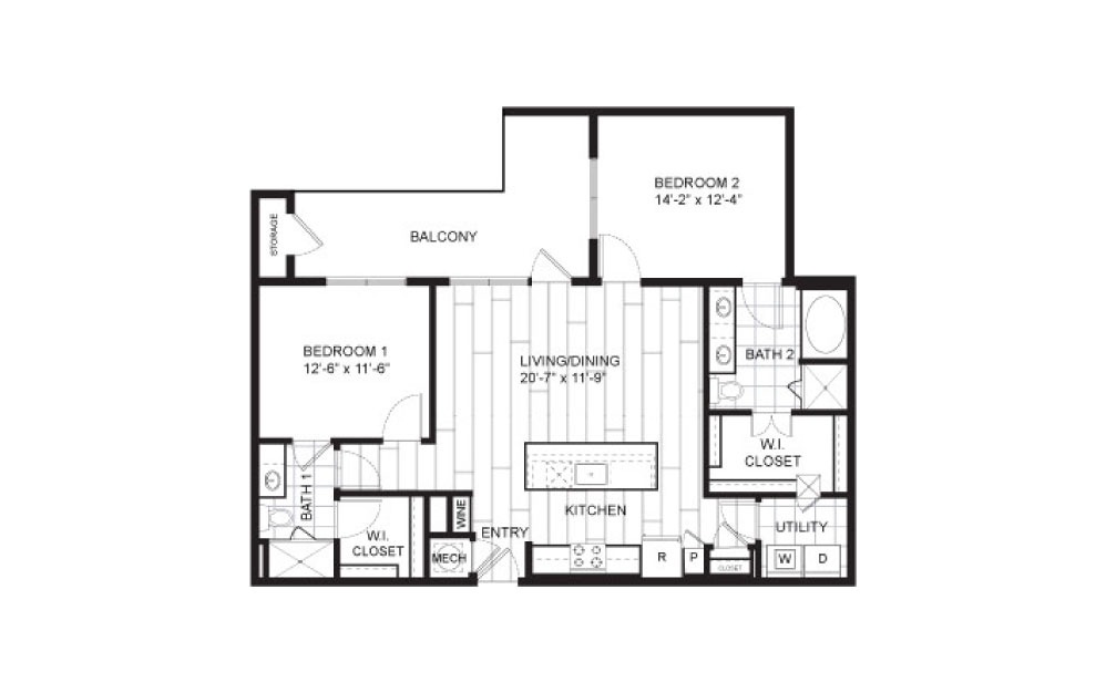 B3 - 2 bedroom floorplan layout with 2 bathrooms and 1222 square feet