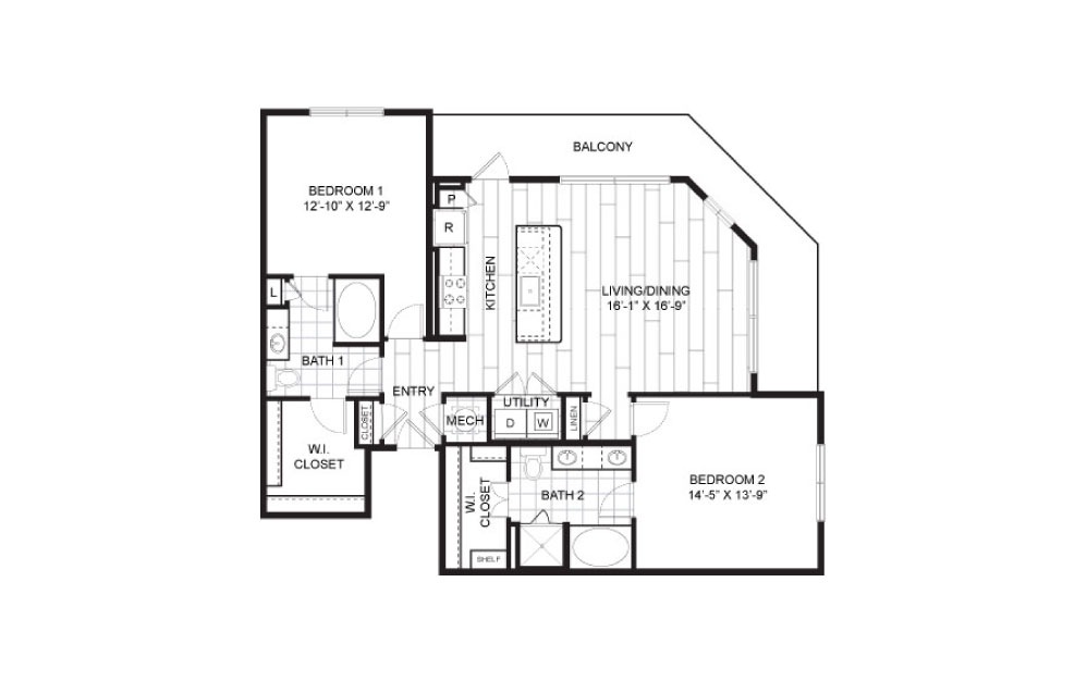 B4 - 2 bedroom floorplan layout with 2 bathrooms and 1288 - 1301 square feet