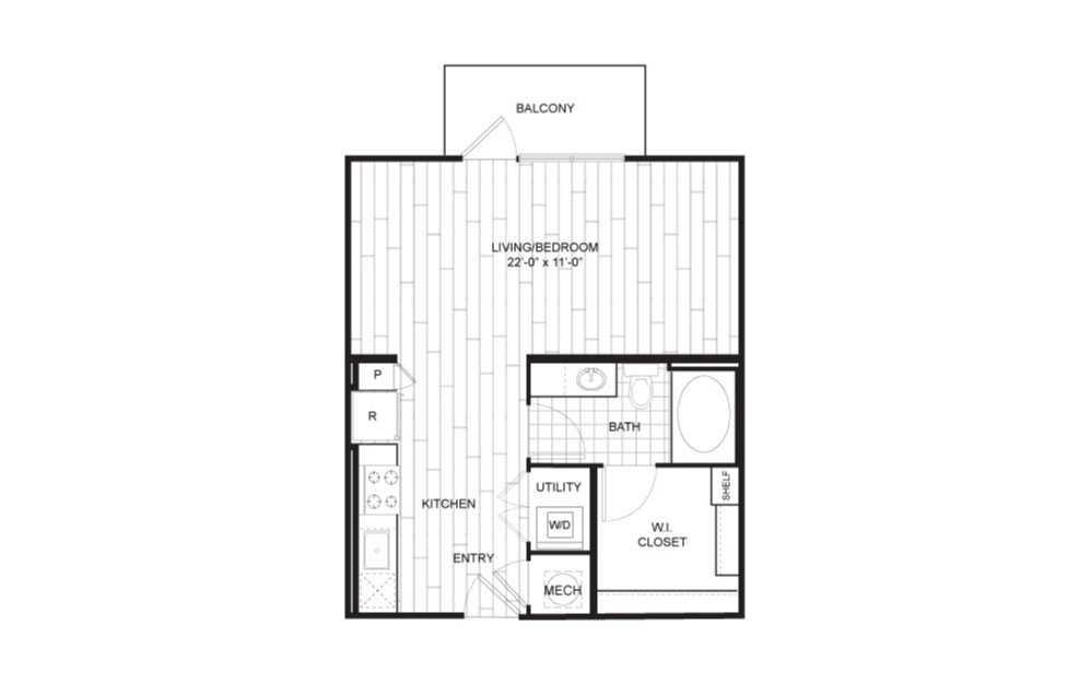 E1 - Studio floorplan layout with 1 bath and 567 square feet.