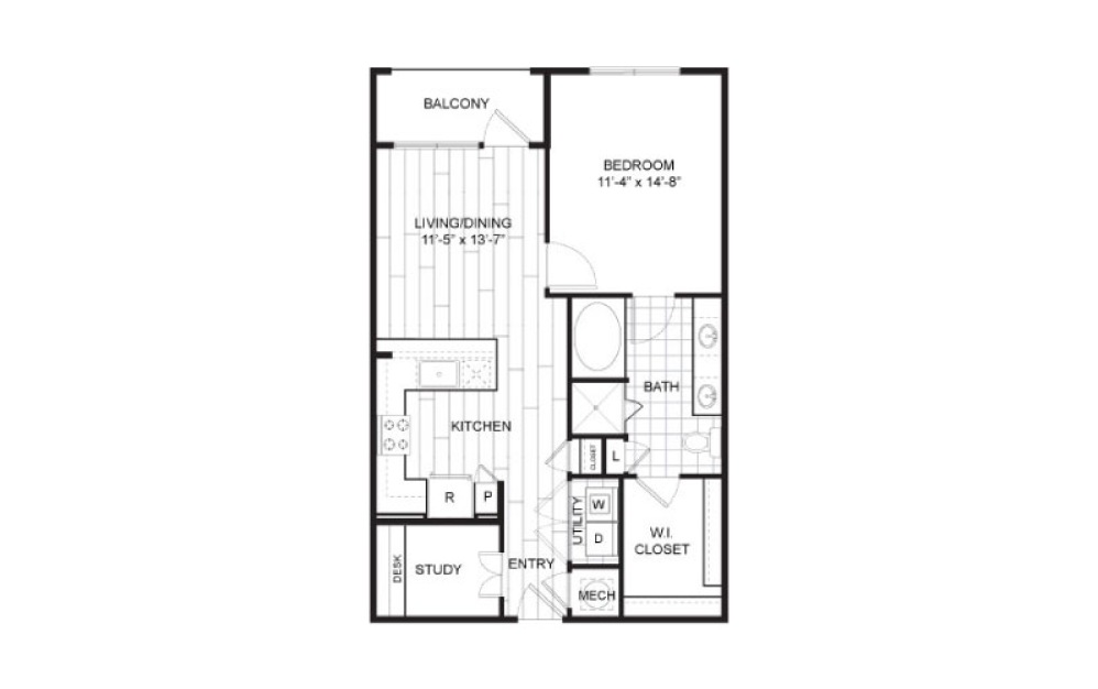 A10A - 1 bedroom floorplan layout with 1 bathroom and 791 - 832 square feet