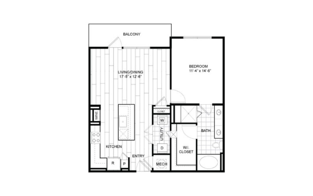 A12A - 1 bedroom floorplan layout with 1 bathroom and 848 square feet