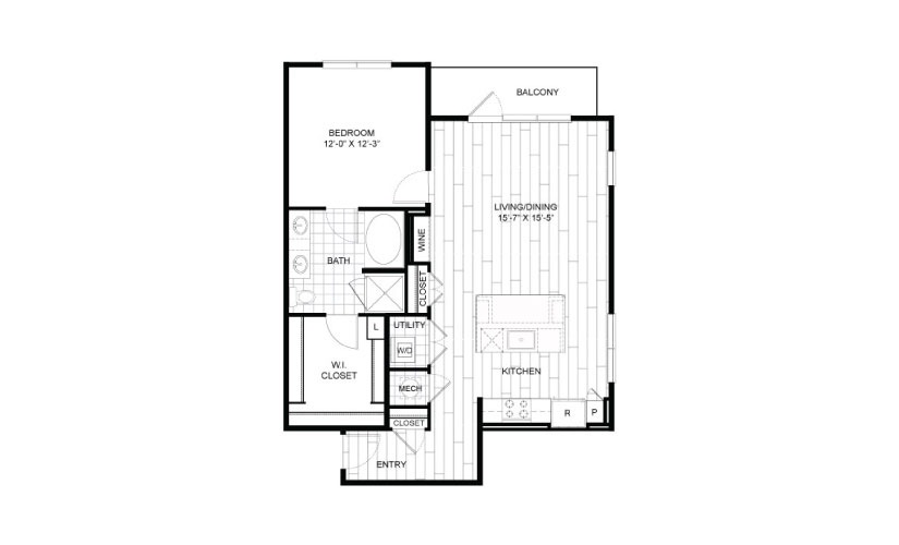 A13 - 1 bedroom floorplan layout with 1 bathroom and 923 square feet