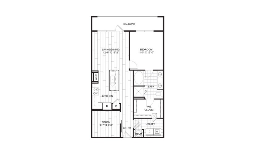 A14 - 1 bedroom floorplan layout with 1 bathroom and 930 square feet