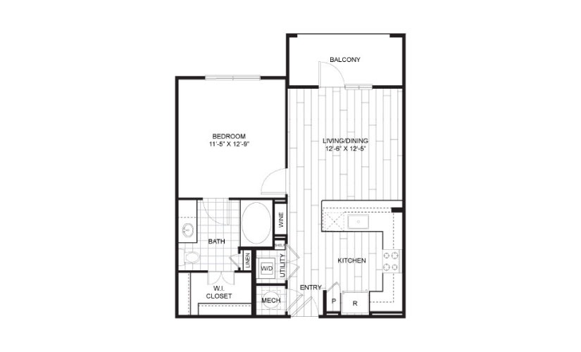 A2 - 1 bedroom floorplan layout with 1 bathroom and 632 - 644 square feet