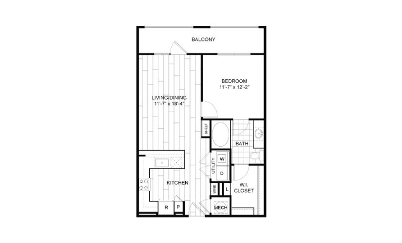 A4 - 1 bedroom floorplan layout with 1 bathroom and 729 square feet