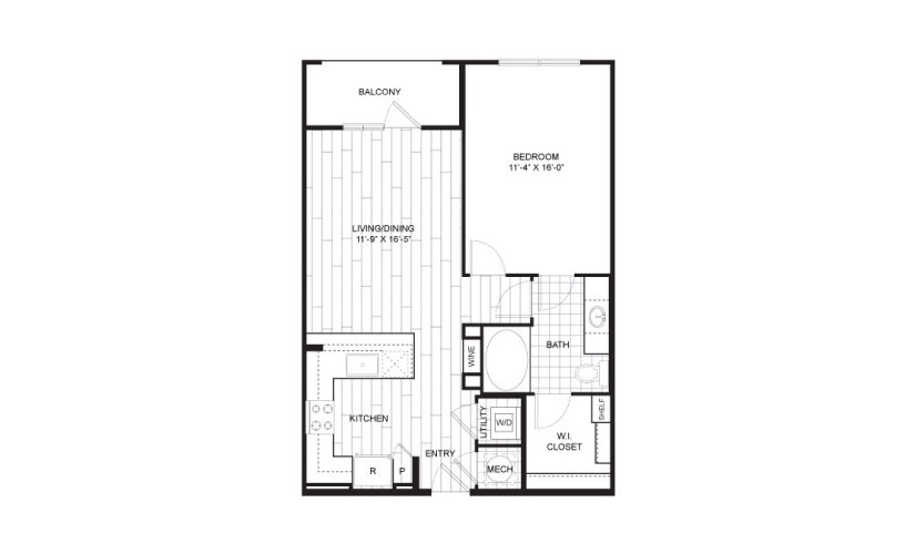 A6 - 1 bedroom floorplan layout with 1 bathroom and 604 - 744 square feet