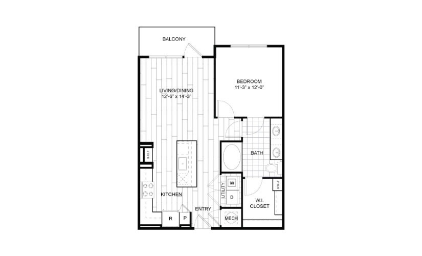 A7 - 1 bedroom floorplan layout with 1 bathroom and 766 - 808 square feet