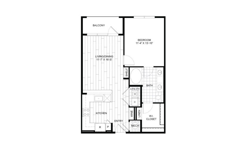 A8 - 1 bedroom floorplan layout with 1 bathroom and 744 square feet
