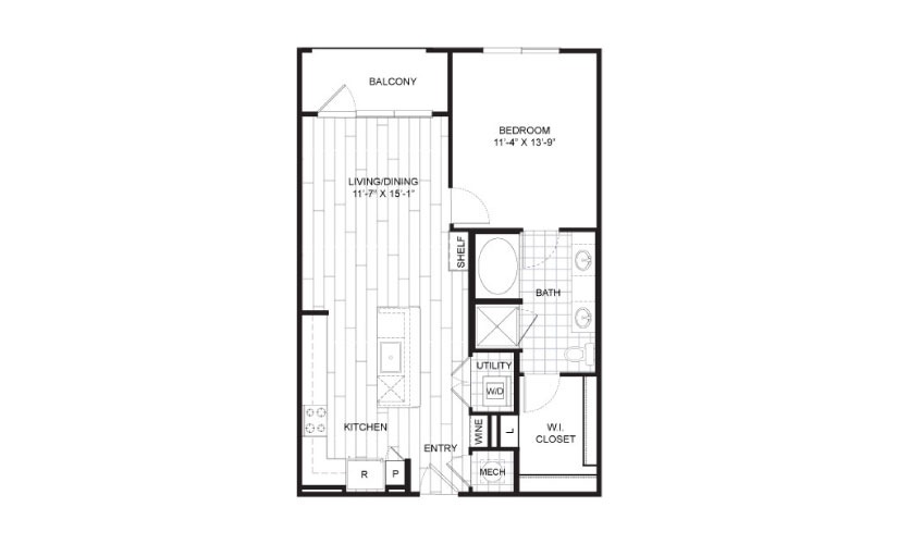 A9 - 1 bedroom floorplan layout with 1 bathroom and 789 square feet