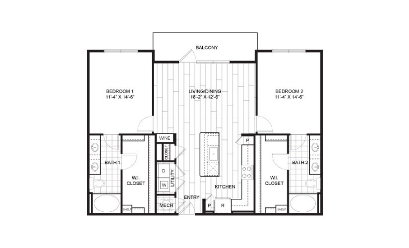 B1 - 2 bedroom floorplan layout with 2 bathrooms and 1187 square feet