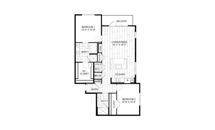 B2 - 2 bedroom floorplan layout with 2 bathrooms and 1210 square feet