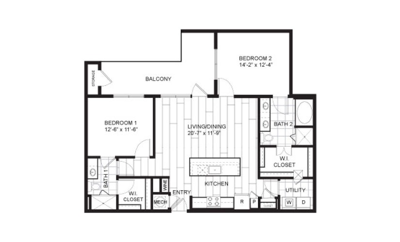 B3 - 2 bedroom floorplan layout with 2 bathrooms and 1222 square feet