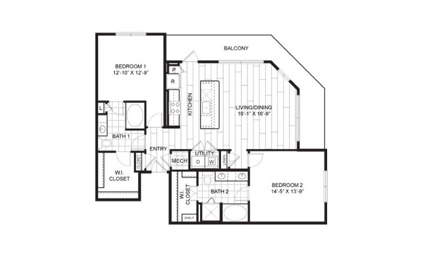 B4 - 2 bedroom floorplan layout with 2 bathrooms and 1222 - 1301 square feet