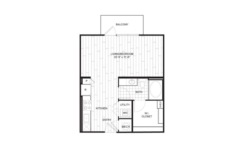 E1 - Studio floorplan layout with 1 bathroom and 567 square feet